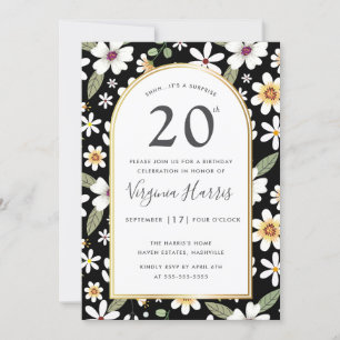 Blume Muster Schwarz 20. Geburtstag Einladung