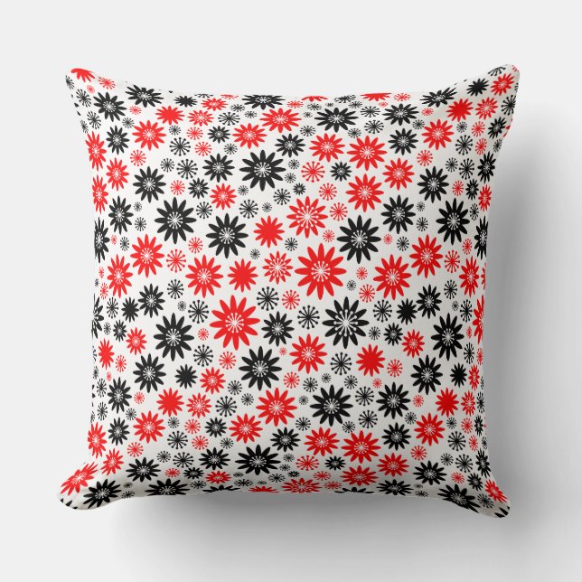 Blume Muster - Schwarz mit Rot und Weiß Kissen (Vorderseite)