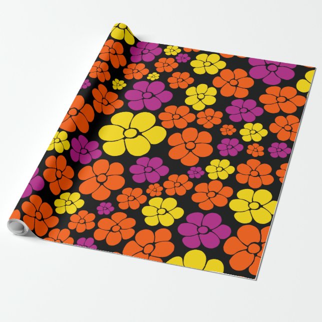 Blume Muster - Schwarz, Rosa, Orange und Gelb Geschenkpapier (Ungerollt)