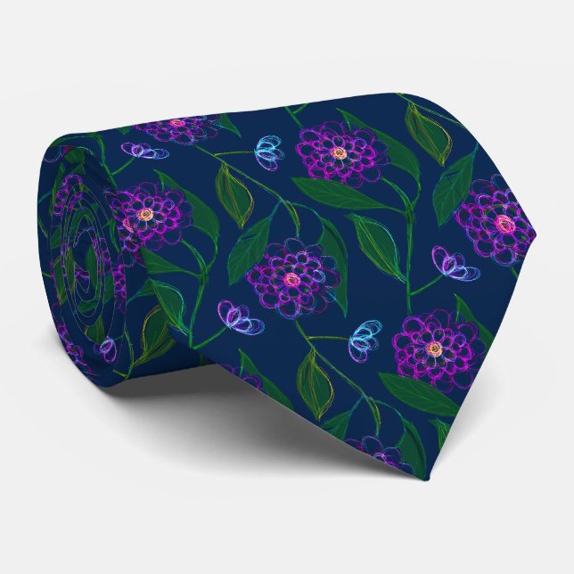 Blume Muster Trauzeuge Navy Blue Floral Liberty Krawatte (Gerollt)