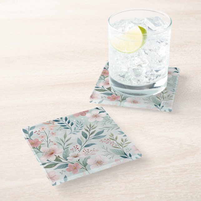 Blume Muster Zeichnend Pastell Glasuntersetzer (Schrägansicht)