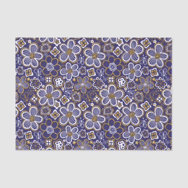 Blume Navy Blue, Gold, Weiß Whimsisches Floral Seidenpapier (Vorderseite)