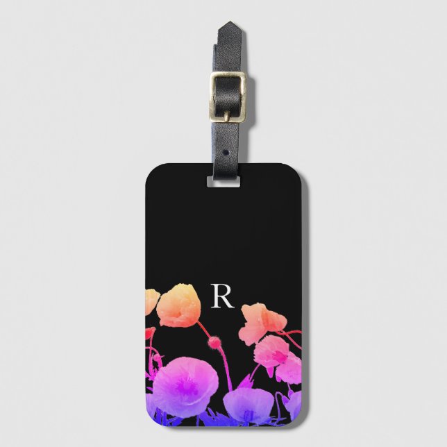 Blume Neon Pink Monogram, Aquarell Poppy Gepäckanhänger (Vorderseite Vertikal)