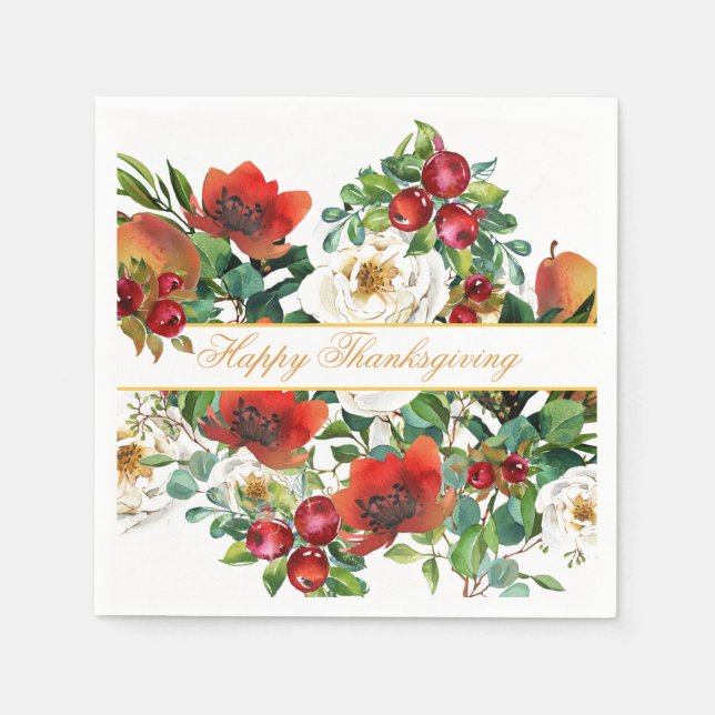 Blume, Obst und rote Berries Erntedank Serviette (Vorderseite)