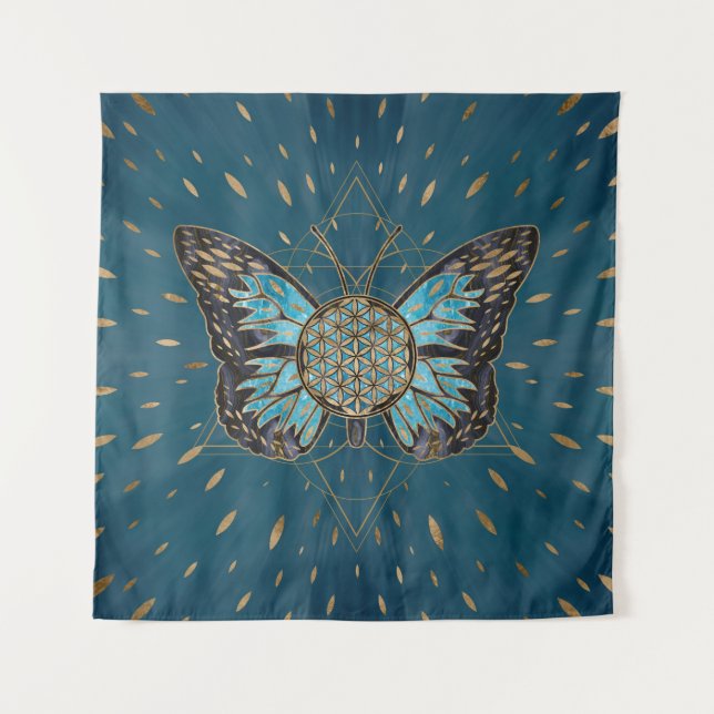 Blume of Life Butterfly - Blauer Edelstein und Gol Wandteppich (Vorderseite)