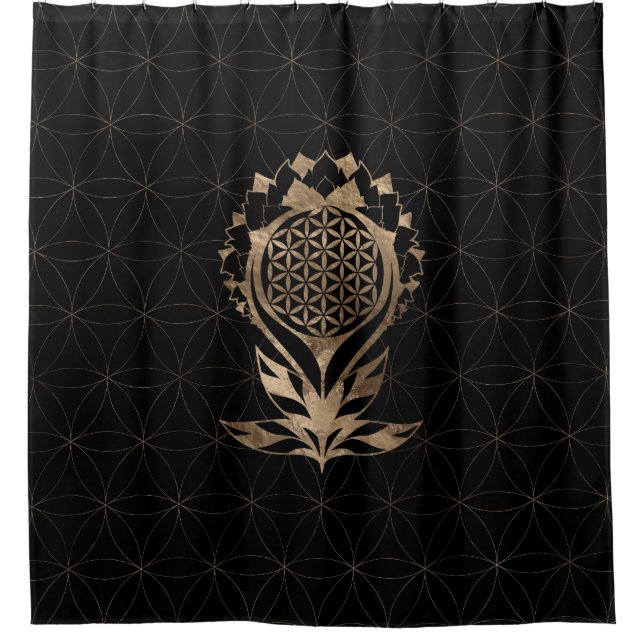 Blume of Life Lotus - Schwarz und Gold Duschvorhang (Vorderseite)