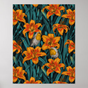 Blume, orange und blau poster