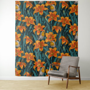 Blume, orange und blau wandteppich