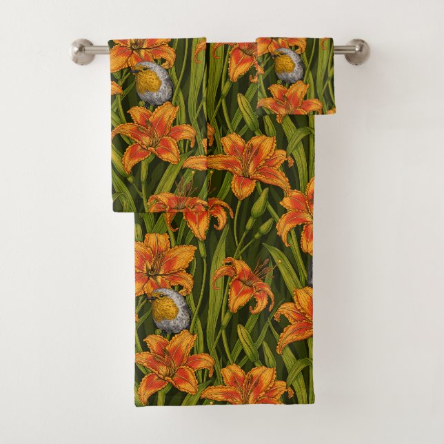 Blume, orange und dunkelgrün badhandtuch set (Insitu)