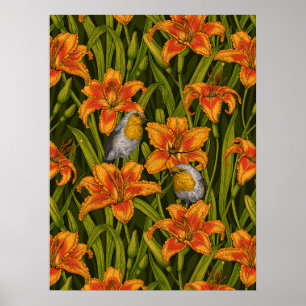 Blume, orange und dunkelgrün poster