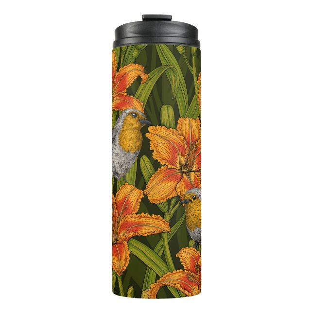 Blume, orange und dunkelgrün thermosbecher (Vorderseite)
