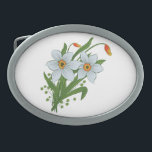 Blume Ovale Gürtelschnalle<br><div class="desc">Wunderschönes Bouquet mit bunten Frühlingsblumen,  gelben Tulpen und weißen Narzissen.</div>