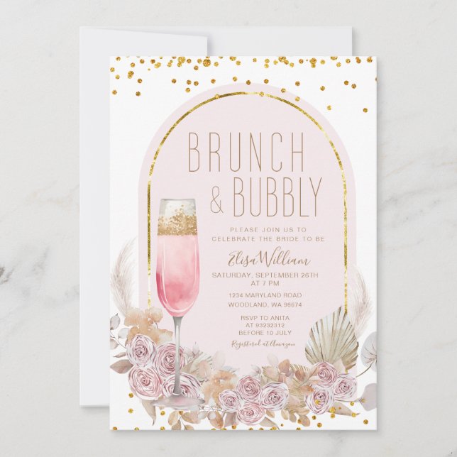 Blume Pampas Brunch & Bubbly Brautparty Einladung (Vorderseite)