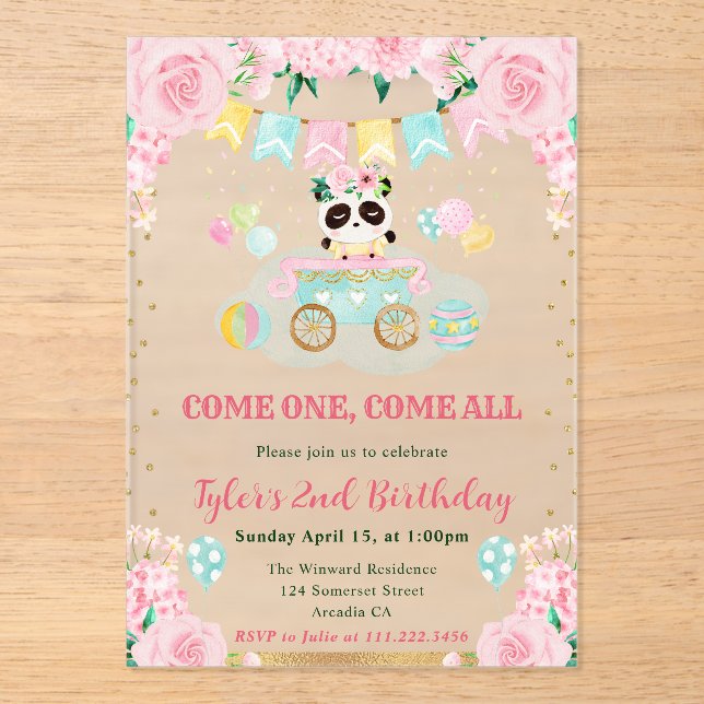 Blume Panda Kindergeburtstag Acryleinladungen (Vorderseite)