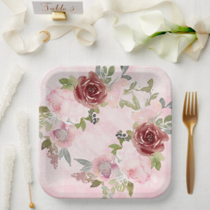 Blume-Papierplatte für Aquarellpinken und Burgund Pappteller