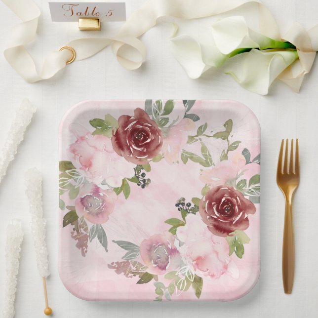 Blume-Papierplatte für Aquarellpinken und Burgund Pappteller (Hochzeit)