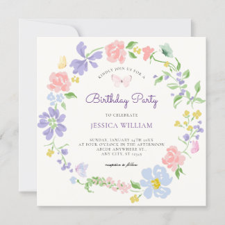 Blume Pastel mit Schmetterlingen Geburtstag Einladung