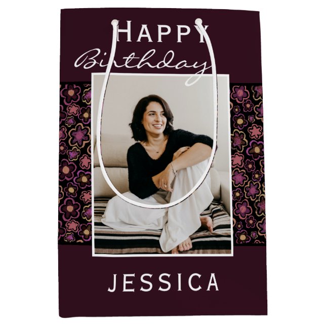 Blume Pattern Foto Happy Birthday Mittlere Geschenktüte (Vorderseite)
