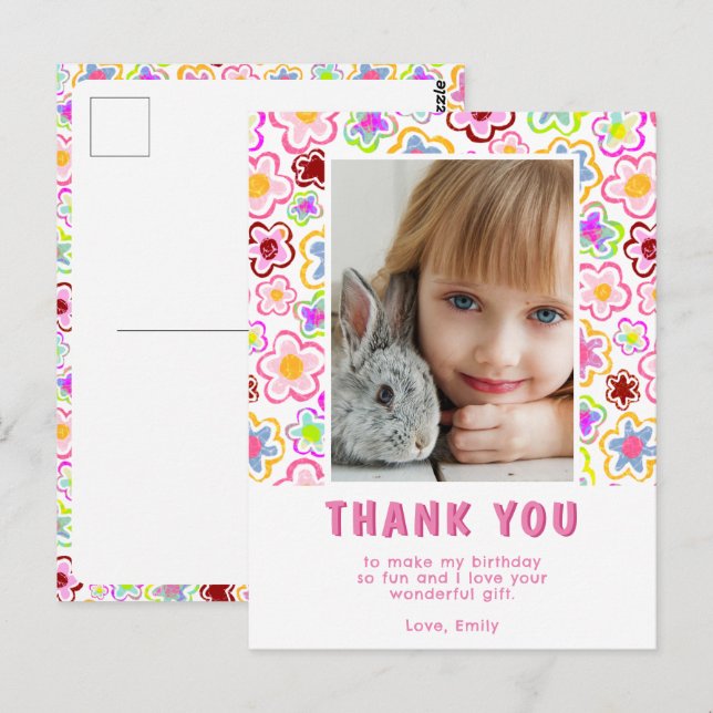 Blume Pattern Kids Girl Foto Geburtstag Vielen Dan Postkarte (Vorne/Hinten)