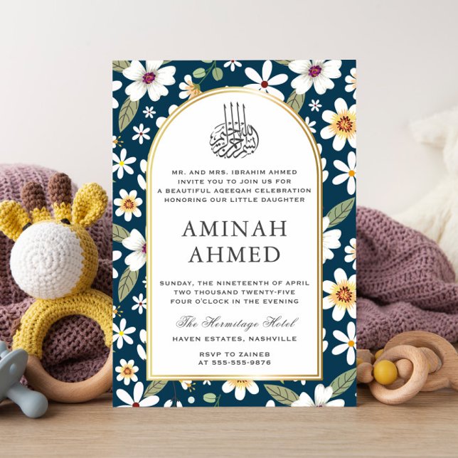 Blume Pattern Navy Islamische Aqiqa Aqeeqa Baby Einladung (Von Creator hochgeladen)