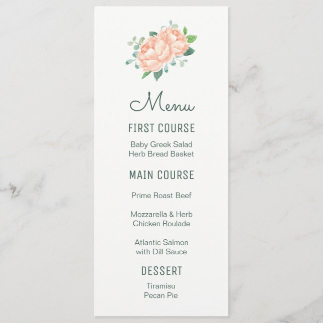 Blume Peach Peony Watercolor Menus Menükarte (Vorderseite)