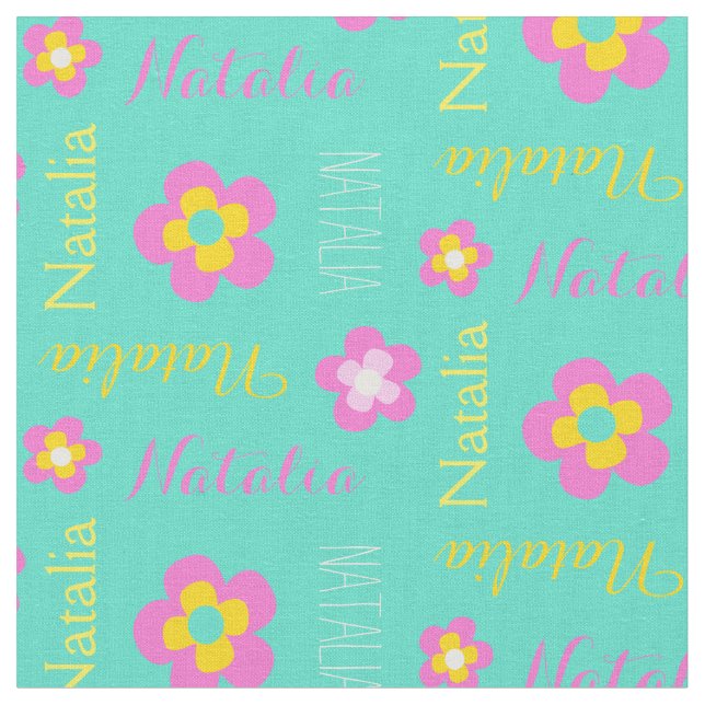 Blume personalisierter Name Rosa Aqua Textilien Stoff (Nahaufnahme)