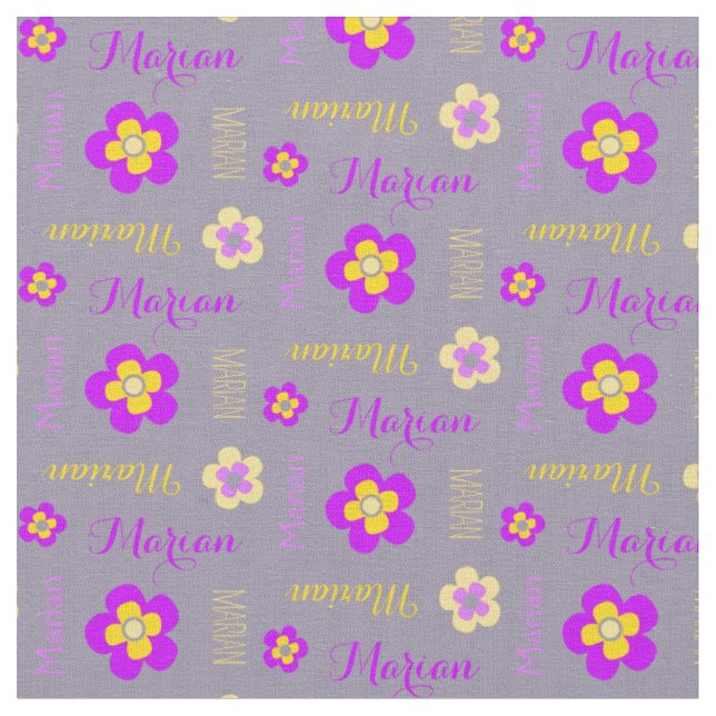 Blume personalisierter Namenstext lila graues Gewe Stoff (Nahaufnahme)