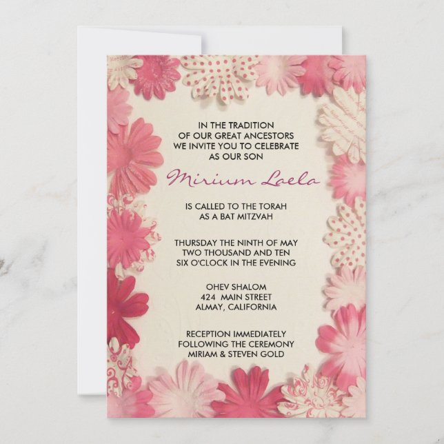 Blume Pink Bat Mitzvah Einladung (Vorderseite)