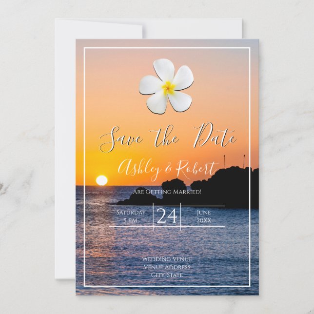 Blume Plumeria Golden Sunset, Save the Date Einladung (Vorderseite)