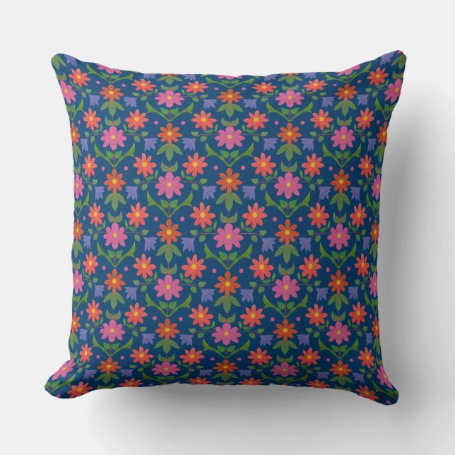 Blume, Polka Punkte auf tiefblauem Kissen oder Kis (Vorderseite)