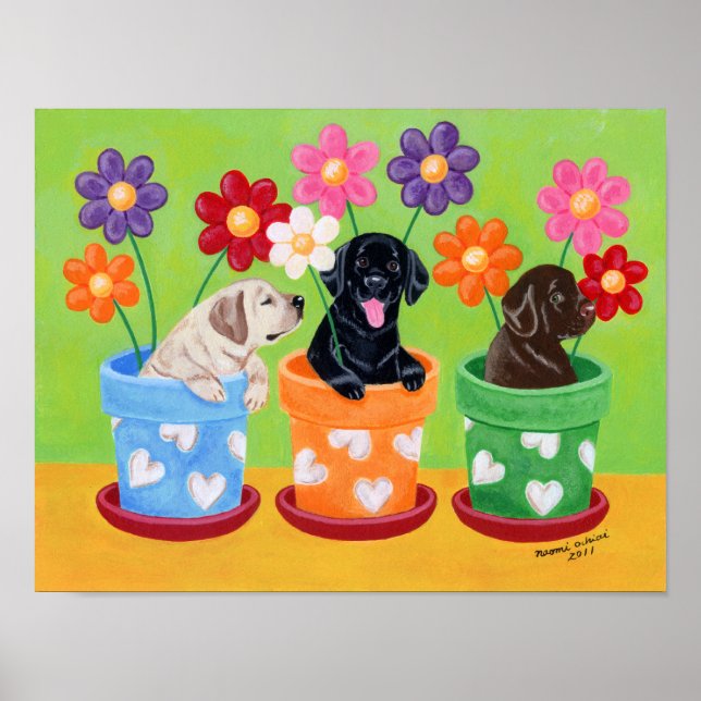 Blume Pot Labrador Welpen Kunstwerk Poster (Vorne)