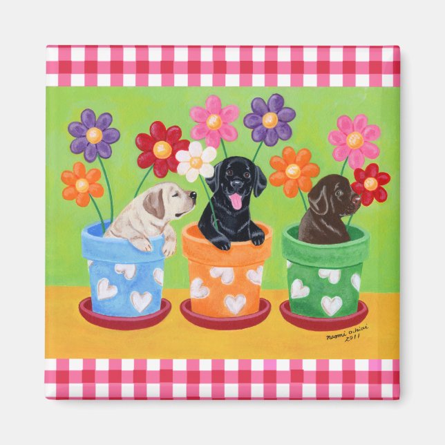 Blume Pot Labrador Welpen Magnet (Vorne)