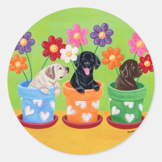 Blume Pot Labrador Welpen Runder Aufkleber (Vorderseite)