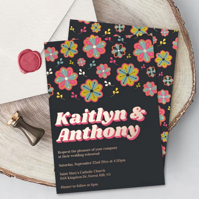 Blume Power 70er Retro Groovy Hochzeit Probe Folieneinladung (Von Creator hochgeladen)