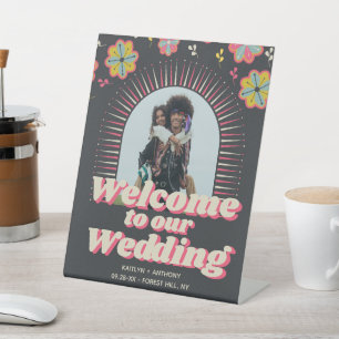 Blume Power 70er Retro Groovy Hochzeit Willkommen Sockelschild