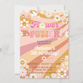 Blume Power Groovy Mädchen 5. Geburtstag einladen. Einladung