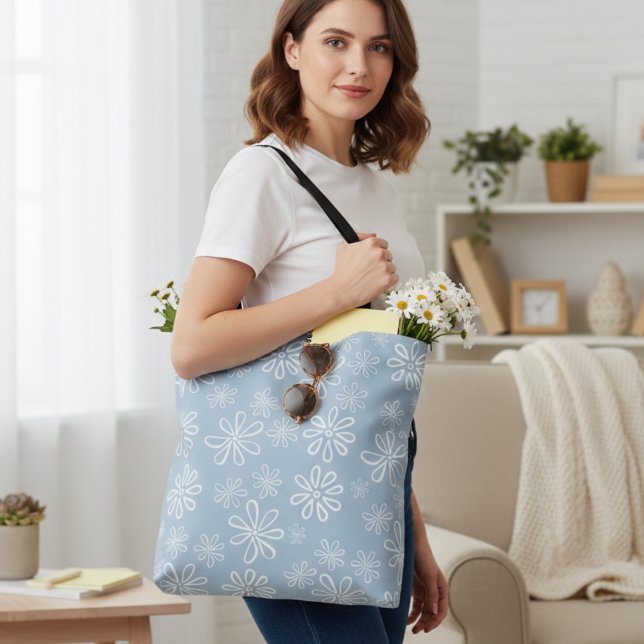 Blume Power Hellblau und Weiß (Flower Power Light Blue and White Floral Tote Bag)