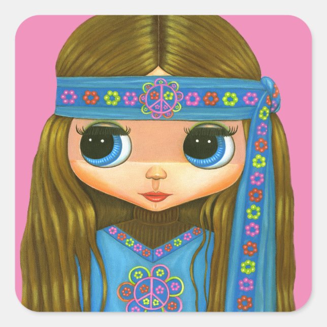Blume Power Hippie Chick Headband Big Eyes Niedlic Quadratischer Aufkleber (Vorderseite)