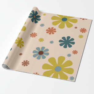 Blume Power Retro 60er Muster Mustard Blue Orange Geschenkpapier