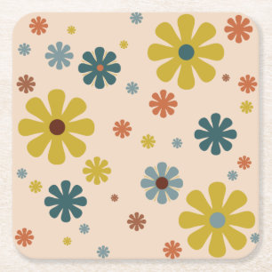 Blume Power Retro 60er Muster Mustard Blue Orange Rechteckiger Pappuntersetzer