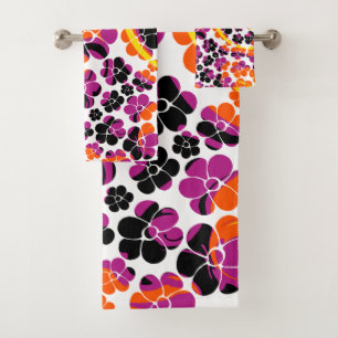 Blume Power - Schwarz, Rosa, Orange und Gelb Badhandtuch Set