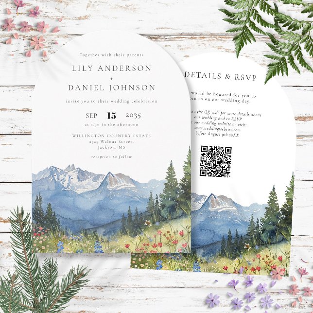 Blume QR Code Hochzeitsbogen für Wasserfarben Einladung (Watercolor Mountain Flowers QR Code Wedding Arch Invitation)