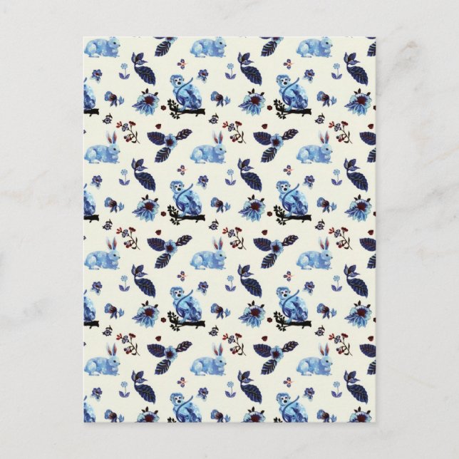 Blume Rabbit Monkey Blau Vintag Feiertagspostkarte (Vorderseite)