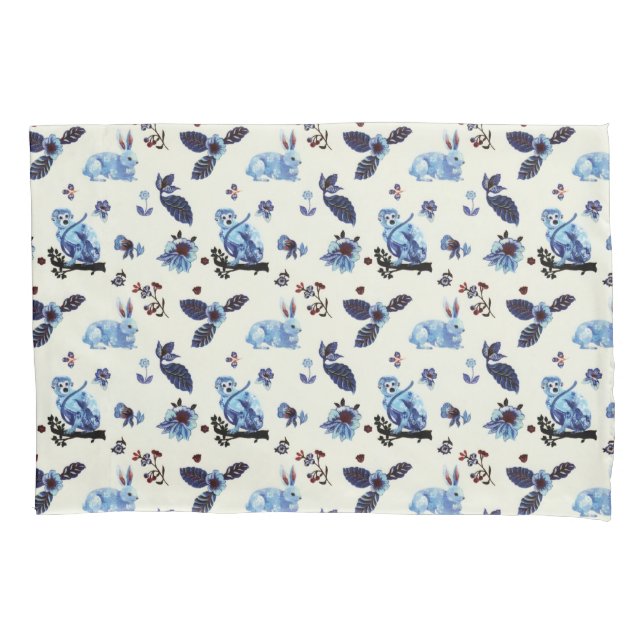 Blume Rabbit Monkey Blau Vintag Kissenbezug (Vorderseite)