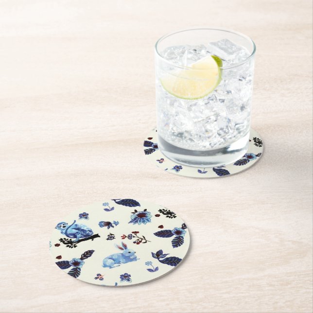 Blume Rabbit Monkey Blau Vintag Runder Pappuntersetzer (Vor Ort)