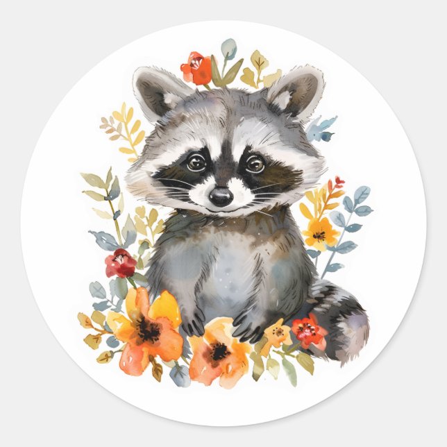 Blume Raccoon Runder Aufkleber (Vorderseite)