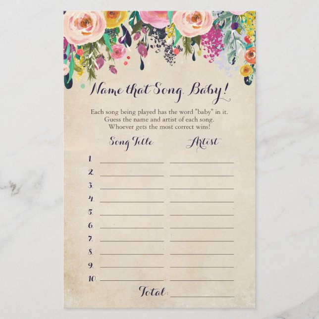 Blume Raten Sie das Baby Song Baby Shower Game (Vorderseite)