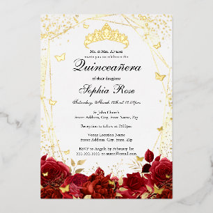 Blume Red Gold Tiara Quinceanera Folieneinladung
