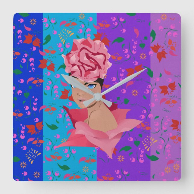 Blume Renewal Bright Floral Girl Quadratische Wanduhr (Vorderseite)