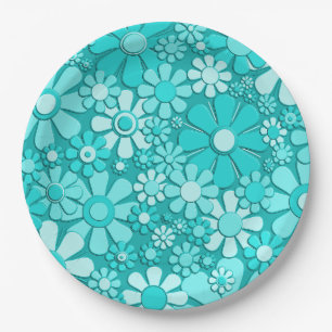 Blume Retro 60er 70er Blumenmuster Cyan Pappteller